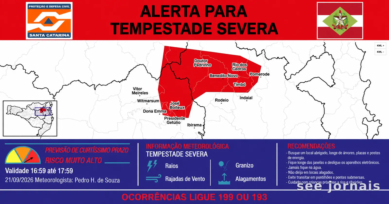Defesa Civil emite alerta de tempestade severa para Presidente Getúlio