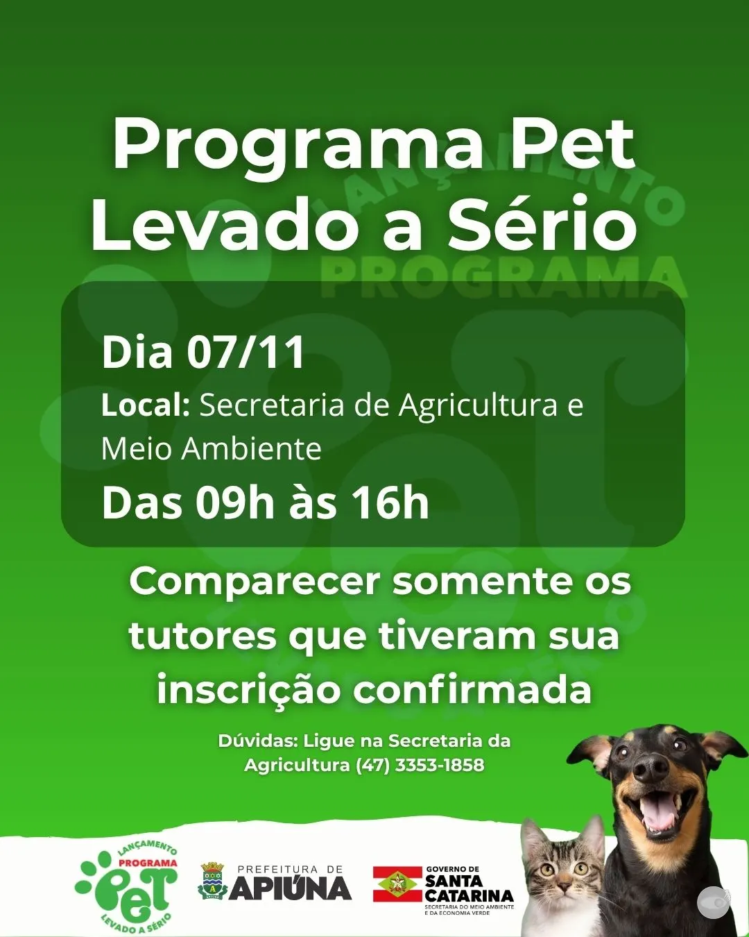 Apiúna promove mutirão de castração de cães e gatos no dia 7 de novembro