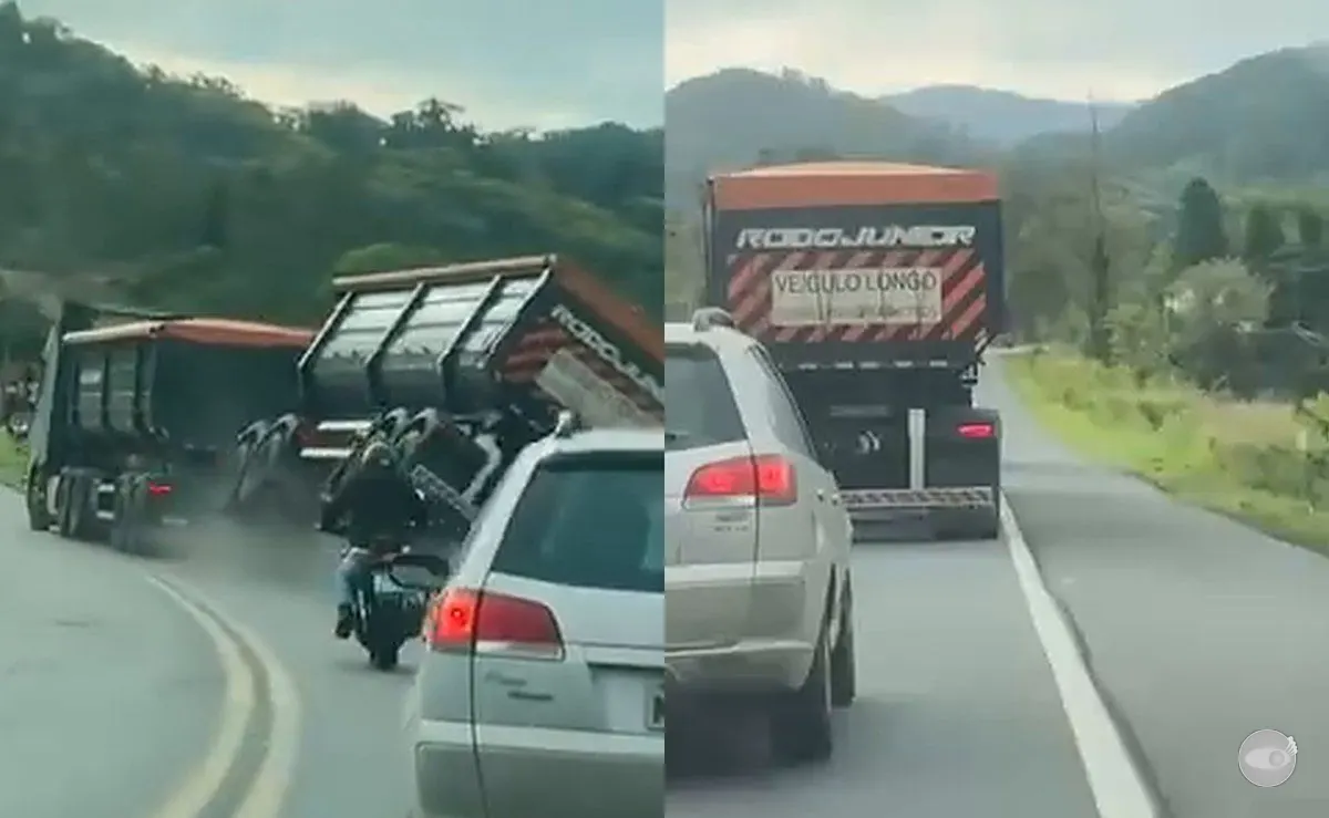 Carreta de bitrem tomba em curva da BR-470 entre Indaial e Rodeio