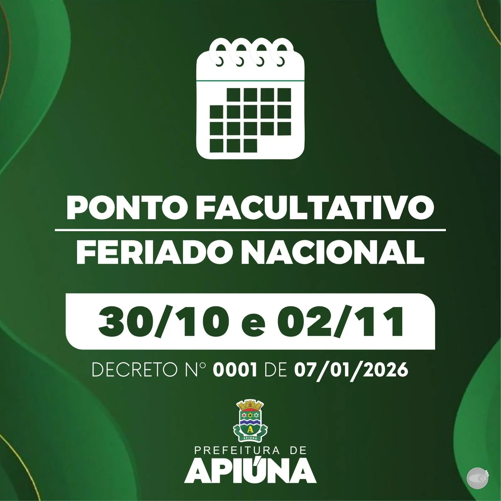 Prefeitura de Apiúna fecha portas em ponto facultativo e feriado de Finados