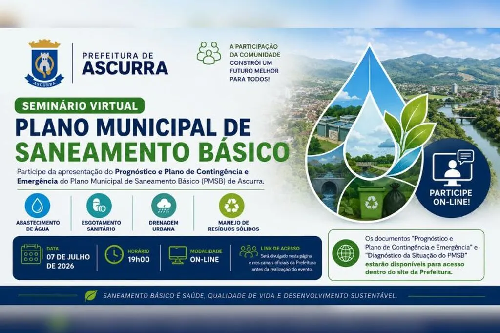 Prefeitura de Ascurra convoca população para seminário virtual sobre Plano Municipal de Saneamento Básico