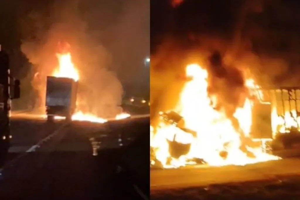 Colisão entre carretas causa incêndio na BR-101 e deixa um ferido grave em SC