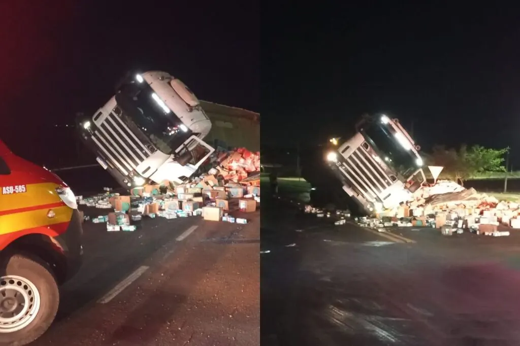 Carreta tomba na BR-282 em Nova Erechim e deixa pista parcialmente interditada