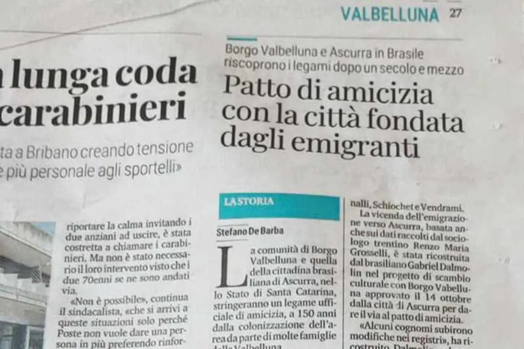 Pacto entre Borgo Valbelluna e Ascurra é destaque em jornal italiano