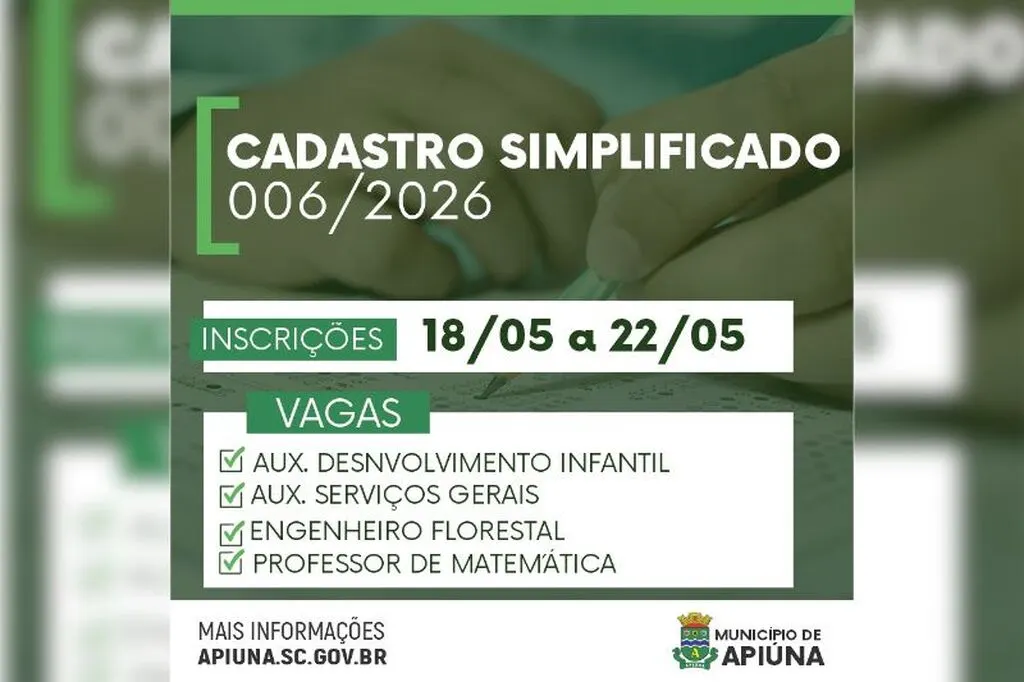 Inscrições abertas em Apiúna: cadastro simplificado nº 006/2026 para vagas temporárias