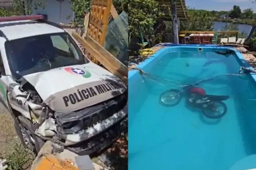 Viatura destruída e moto na piscina: perseguição policial em SC termina com prisão