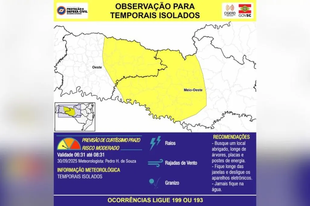 Defesa Civil emite alerta para temporais isolados em SC com risco de granizo e ventos fortes